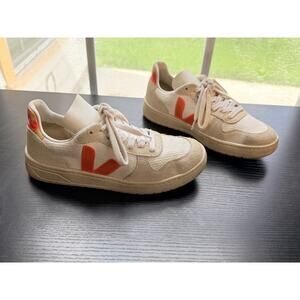 Veja V-10 Sneakers Women EU 36 US 5 Beige Off-White Orange Logo Lace Up Low Top